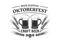 Oktoberfest label, logo or icon. Bavaria beer festival emblem. October fest badge with beer mugs, wheat and malt.